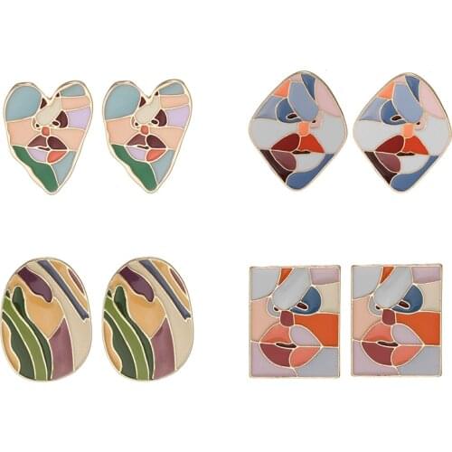 New Geometric Retro Abstract Metal Clip on Earrings for Women No Pierced Punk Human Face Hit Color Fashion Ear Clips Jewelry