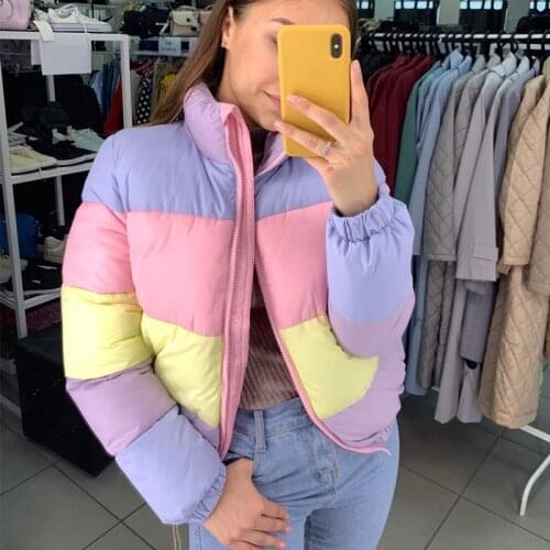 Womens Fresh Rainbow Contrast Short Bread Parkas Winter Zipper Pockets Jacket Women Parka Casual Patchwork Fuffy Female Jacket