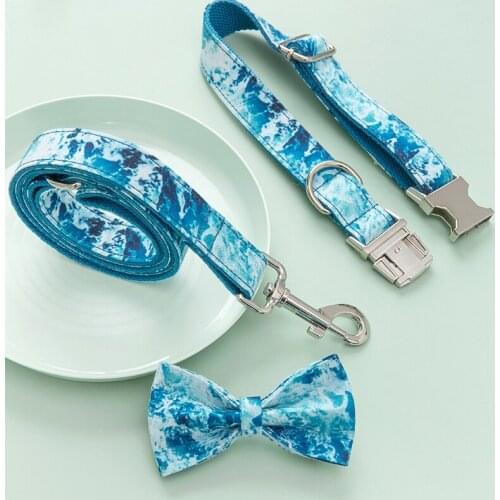 Personalized Blue Sea Wave Dog Collar Leash With Bow Tie Set Free Engraved Nameplate For Small Medium Large Dog