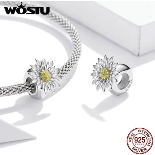 WOSTU Sunflower Charm 925 Sterling Silver Beads Fit Women Original Silver Making Bracelet Fine Jewelry Accessories Gift DXC1765