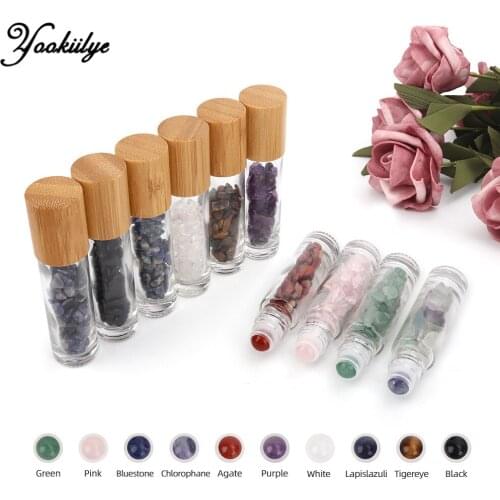 5/10pcs 10ml Natural Gemstone Jade Roller Bottle Bamboo Grain Lid Refillable Essential Oil Bottle Empty Bottle with Jade Stone