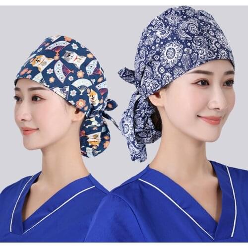 Adjustable Working Cap With Buttons And Sweatband Tie Back Scrub Cap With Ponytail Pouch Working Hat For Worker Nurse Long Hair