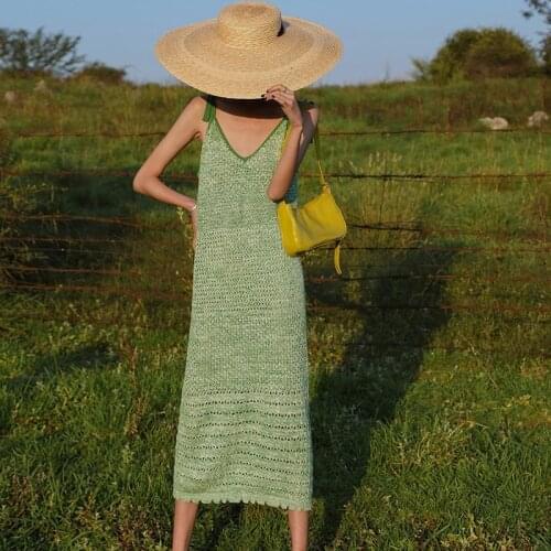 Sexy Crochet Beach Dress Womens Summer Spaghetti Strap Maxi Dress Tassels Fringed Hollow Out Dresses Backless Party Dress A741