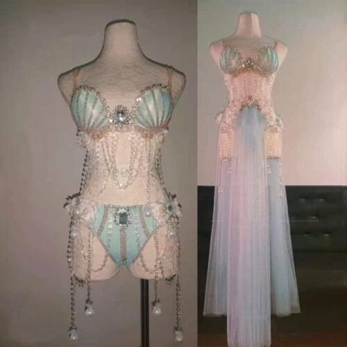 Sexy Bar Nightclub DJ Gogo Costume Women Dancer Models Catwalk Shell Pearl Beading Bikini Skirt Outfit Performance Stage Wear