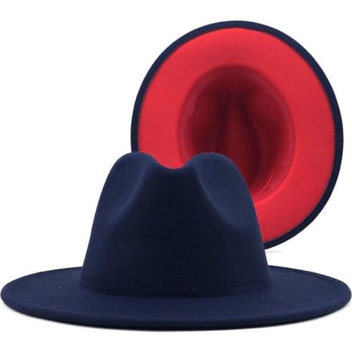 Unisex Outer Navy and red Inner Red Wool Felt Jazz Fedora Hats with Thin Belt Buckle Men Women Wide Brim Panama Trilby Cap L XL