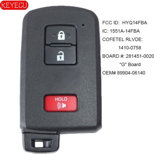 KEYECU Smart Key Proximity Remote for Toyota RAV4 Prius C V FCCID: HYQ14FBA P/N: 281451-0020 G Board