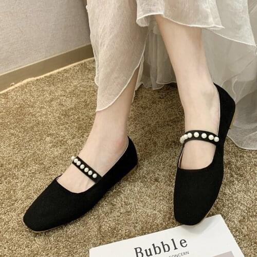 Autumn Woman Flats Pearls Mary Janes Shoes Female Faux Suede Elastic Band Boat Shoe Ladies String Bead zapatos mujer 9086L