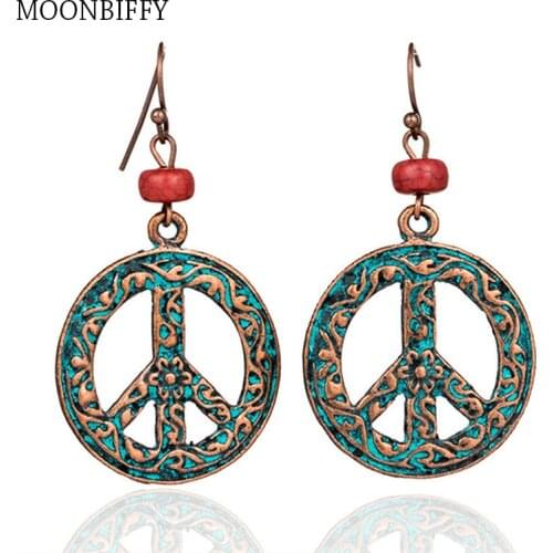 Vintage Bronze Hollow Round Stone Beads Indian Earrings for Women Handmade Boho Alloy Carved Peace Symbol Dangle Earring Jewelry
