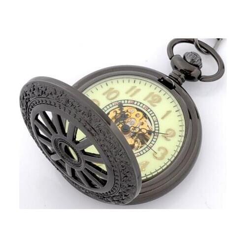 10pcs/lot Vintage Steampunk Black Hollowed Wheel Skeleton Mechanical Pocket Watches Arabic Numerals Dial Gift Colection