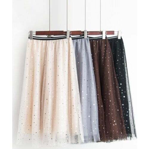 2018 spring new female Star Sequined gauze skirt womens elastic waist long section Pleated skirts