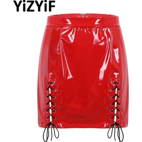 Summer Skirs Women Wet Look Patent Leather Pencil Skirt High Waist Thigh Split With Lace Up Design Bodycon Mini Skirt Clubwear
