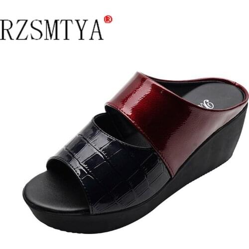 RZSMTYA Peep Toe High Heels Women Wedges Slippers Fashion Pu Leather High-heeled Women Flip-flops Thick Heels Women Slippers