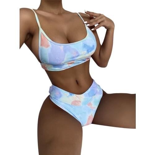 Ladies Summer Split Swimwear Set Adults Women Tie-dye Mixed Color Tank Top Type Sexy Backless Bikini Swimsuit