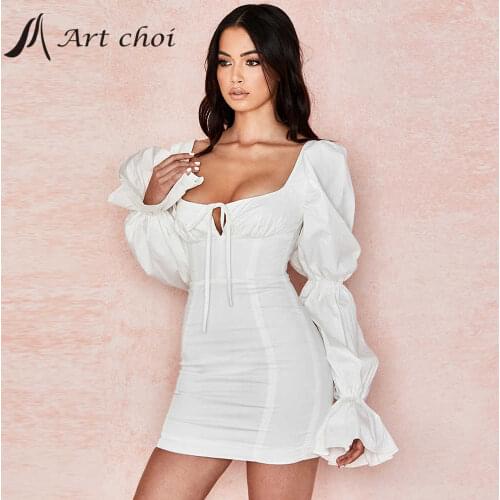 2021 Spring Summer Sexy Mini Strapless Dress Chest Wrap Long Sleeve Petal Sleeve Tie Hip Wrap Shirt Ladies Solid Bandage Vestido