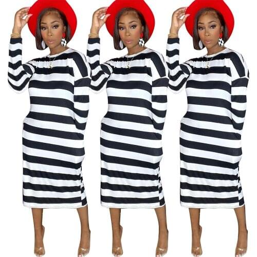 2021 Summer Spring New Womens Hepburn Style French Dress Girl Sweet Sen Tie Strap Striped Long Sleeve Dress Streetwear
