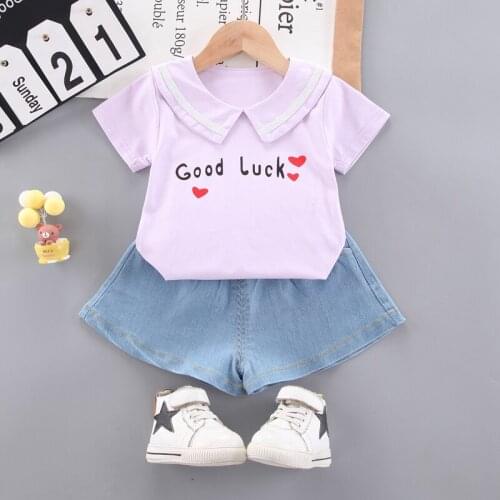 2021 Summer Toddler Baby Kids Girls Clothes Printed love T-shirt Tops+Denim shorts 2pc Casual Set Outfits For Infant Outfit Suit