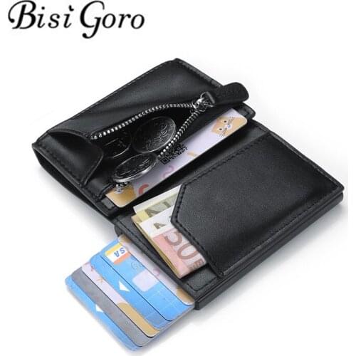 BISI GORO 2020 PU Leather Men Women Smart Wallet Fashion Coin Purses RFID Aluminum Box Anti-theft Card Holder Slim Card Case