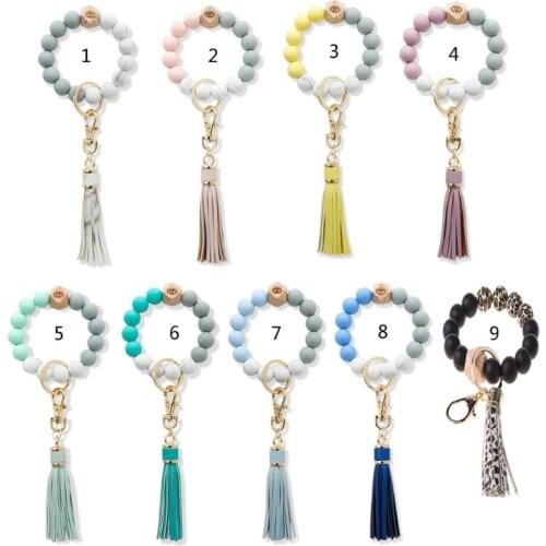 Natural Wood Eye Charm Bracelet keychain Wristlet Leather Tassel Food Grade Silicone Bead Key Ring Bracelet for Women
