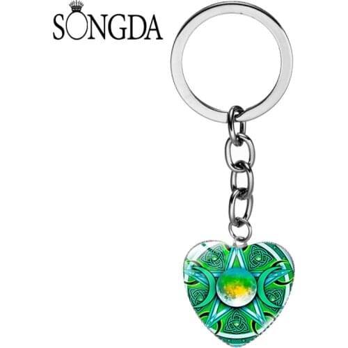 SONGDA Triple Moon Goddess Heart Keychain Glass Convex Surface Metal Long Chain Keyring Unique Art Pattern Car Key Pendants Gift