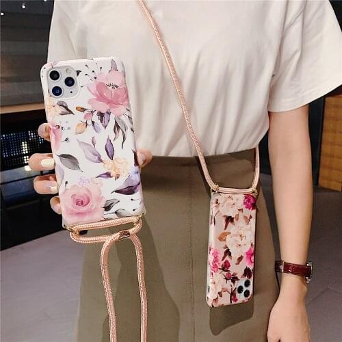 Vintage flowers Rose lily Messenger Phone Case For iPhone 12 mini 11 pro Xs max XR 8 7plus Crossbody with long chain strap cover