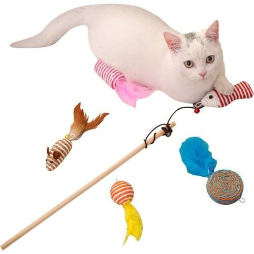 Colorful Feather Bell Funny Cat Stick Mouse Fish Shape Cat Cotton Rope Toy Sisal Wooden Pole Funny Cat Toy Set Pet Supplies Set