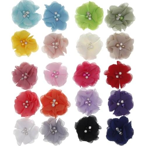 DIY Flowers Kids Boutique 2.4 " Flower Diamond Handmade Chiffon Flowers Wedding Girls Hair Accessories Without Clips 20pcs/lot