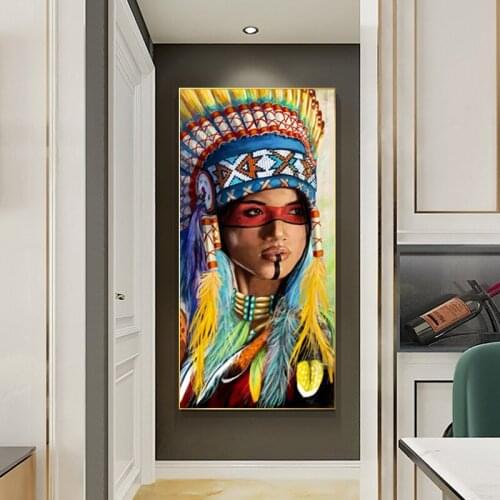 India Yellow Feathered Women Wall Art Canvas Painting Graffiti Art Posters and Prints Decorative Picture for Living Room Decor