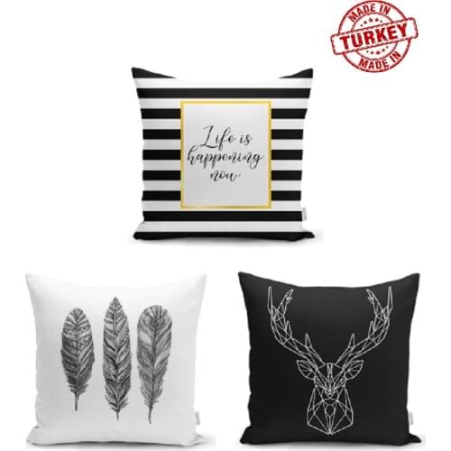 3 PIECES CUSHION COVER SET WHITE BLACK MODERN