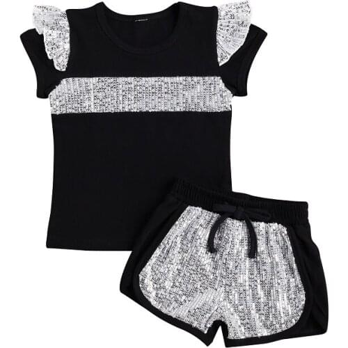 2-7Y Toddler Kids Baby Girl Clothes Sets Sequins Patchwork Flying Sleeve T-shirt Tops Shorts Pant Bottom 2PCS Children Set