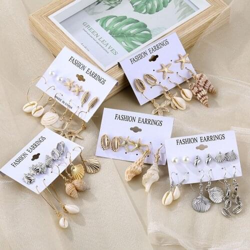 Fashion Natural Shell Conch Earrings Set For Women Vintage Metal Starfish Shell Tassel Stud Earrings New Boho Ocean Jewelry