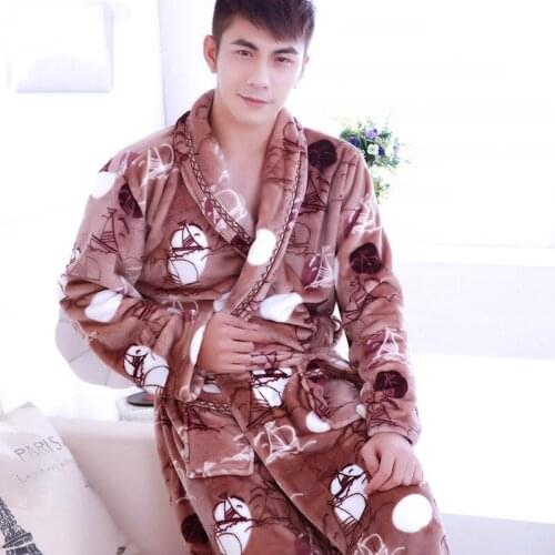 Men Flannel Robe for Bath Clothes Kimono Male Sleepwear Male Bedgown Nightclothes