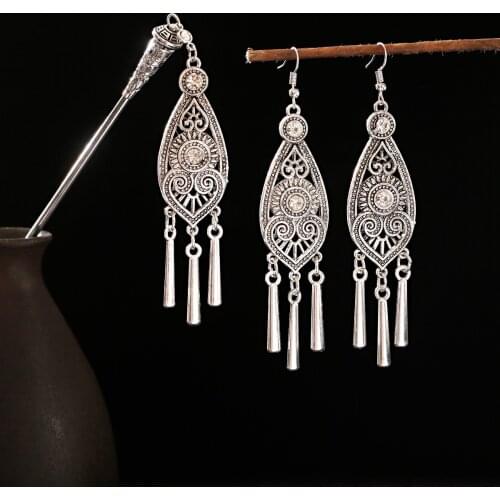 Antique Chinese Style Hair Stick And Earring Set Indian Earrings For Women Boho Ethnic Tassel Hairpin For Hair New Year Gifts