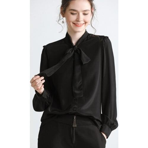 New style 100% real silk lady shirt 14mm silk overshirt female solid color black long sleeve blouse slim ribbon bottoming top