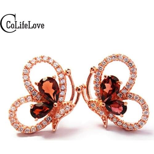Cute Silver Butterfly Shape Stud Earrings Natural Blood Red Natural Garnet Gemstone Earring Fashion Solid Silver Stud Earrings