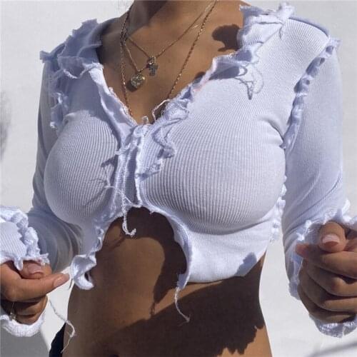 SEASONS Ribbed Solid V-Neck Sexy Women Crop Top Flare Sleeve Ruffles Slim T-Shirts Clubwear Bodycon Skinny Tees Shirts ASTS82024