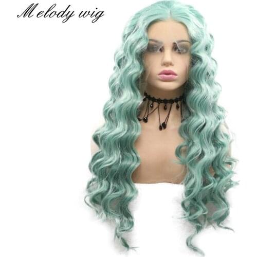 Melody Synthetic Lace Front Wigs Heat Resistant Mint Pastel Green Long Bouncy Curly for Women Natural Look Daily Wear Drag Queen