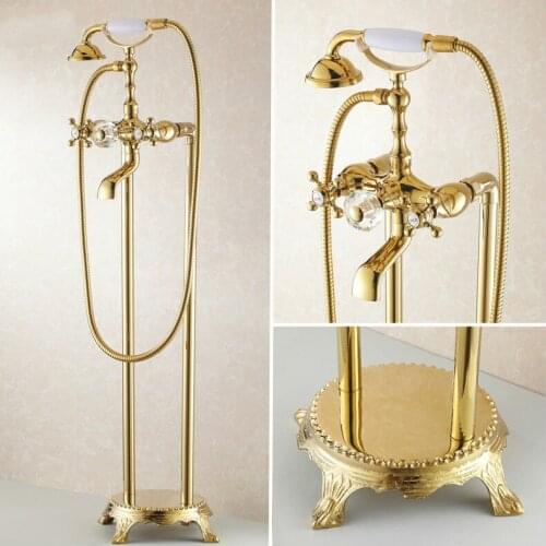 Gold Landing Sprinkler Suit Standing Shower Faucet Phone Handle With Crystal Solid Brass Bathtub Faucet Barrel Luxury Shower Set