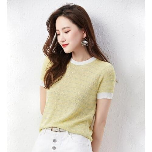 V-neck striped short-sleeved thin knit sweater women new Korean round neck fashion contrast color short t-shirt top