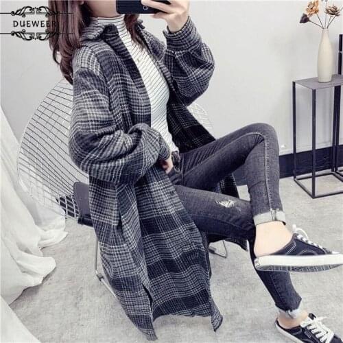 DUEWEER Trench Coats Womens Turn-down Collar Coat Women Streetwear Autumn Loose Plaid Chic Causal Fashion Daily BF Plus Size