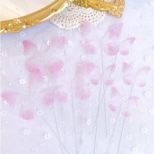 10Pcs Pink Chiffon Butterflies Cake Toppers For Happy Birthday Valentines Day Cake Decoration