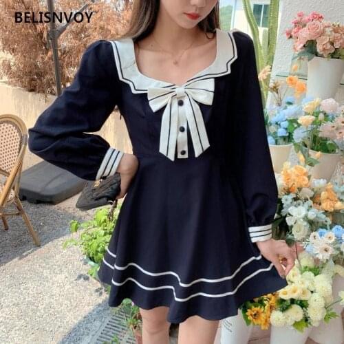 Women Autumn Spring Japanese Collage Style Mini Dress Navy Blue Long Sleeve Sweet Bow High Waist Jk Sailor Collar Dress Uniform