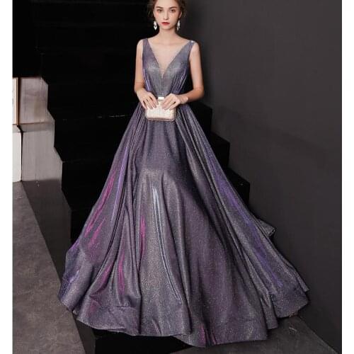 Women V Neck Sleeveless Prom Bride Dress Glitter Long Evening Gowns Formal Banquet Dress