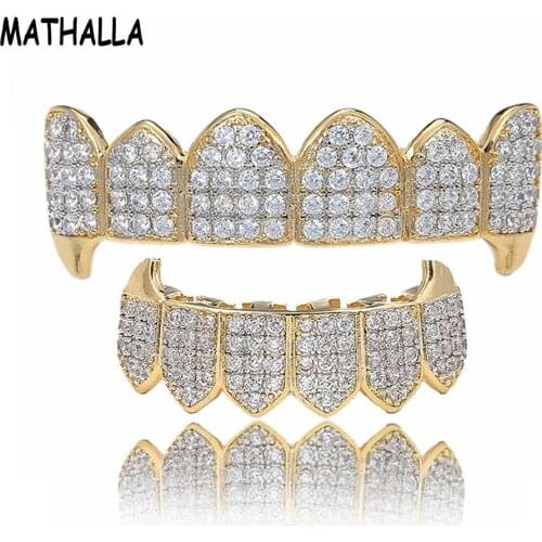 MATHALLA Hip Hop Tooth Grill GOLD Silver Micropavé CZ Tooth Top and Bottom Tooth Grill Vampire Set AAA Cubic Zirconia