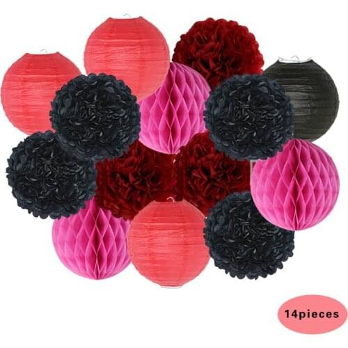 HAOCHU 14pcs/set 8 inch(20cm) Red Black Paper Lantern Lamp Tissue Paper Honeycomb Ball for Wedding Birthday Party Decoration