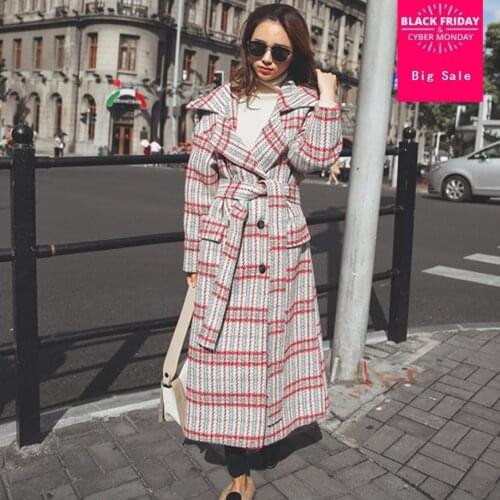 2020 winter and autumn fashion brand plaid woolen jacket female long thicker warm woolen coat with belt wq267 wholesale