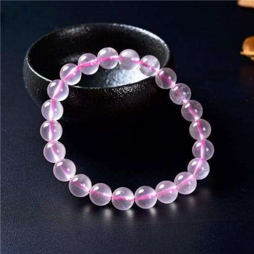 8mm Natural Pink Rose Quartzs Beads Bracelet Lovely Power Crystal Bangle Women Girl Gifts High Grade Wristband Jewelry 18cm B453