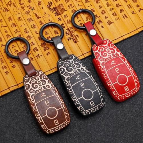 Floral Pattern Genuine Leather For Mercedes Benz AMG key back cover C/ E /S Class GLC GL 2018-2020 Benz Key protector Case