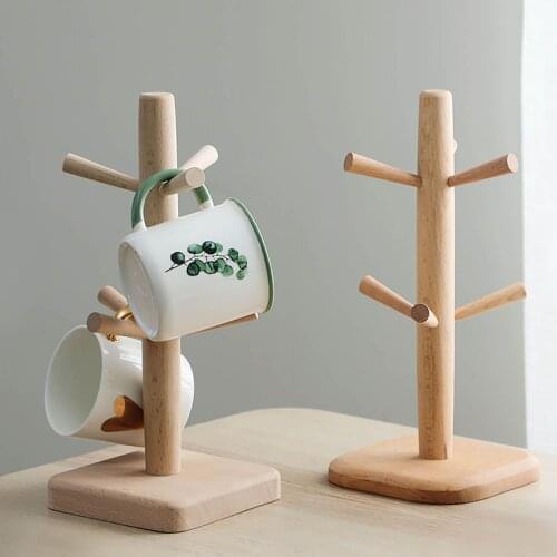 Tree Shape Wooden Cup Rack Tea Cup Storage Holder Countertop Pantry Stands Mug Drinkware Jewelry Rack For Home With 6 Hooks