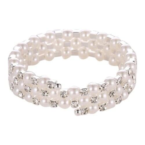 Elastic Three Layers Simulated Pearl Bling Starry Clear Crystal Spring Fashion Bracelets For Women Girls