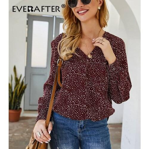 EVERAFTER Elegant polka dot women blouse shirt sexy hollow out V neck long sleeve loose wine red casual lady female blouse tops